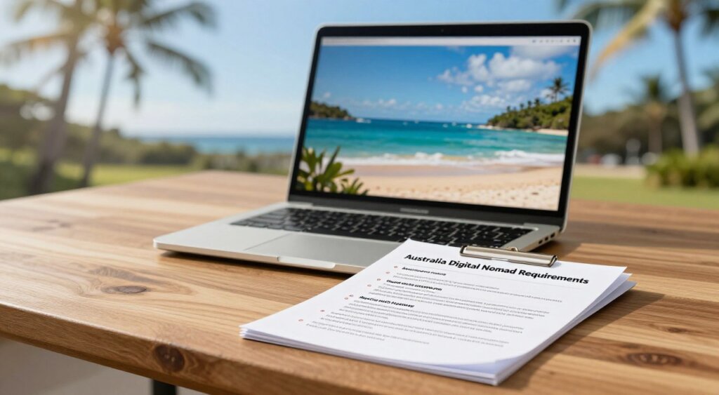 A well-organized checklist for "Australia Digital Nomad Requirements" prominently displayed on a stylish wooden desk. In the foreground, the checklist features clear bullet points, including key criteria such as visa application process, proof of income, health insurance, and remote work documentation. In the middle ground, a laptop is open, showing a beautiful Australian beach as the desktop wallpaper, symbolizing the digital nomad lifestyle. In the background, a softly blurred view of a tropical Australian landscape with palm trees and bright blue skies enhances the theme of adventure and freedom. The lighting is warm and inviting, creating an optimistic atmosphere, reminiscent of a sunny day in Australia. The overall composition should evoke a sense of professionalism and aspiration.