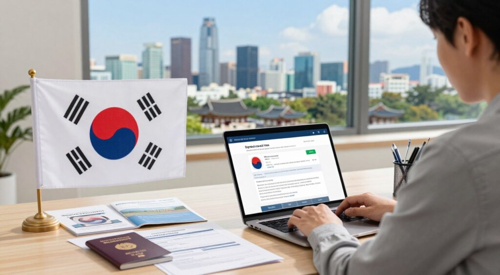 A well-organized desk scene depicting a digital nomad visa application process in South Korea. In the foreground, a professional individual, dressed in smart casual clothing, focuses intently on a laptop displaying a digital visa form, surrounded by documents like a passport and financial statements. The middle layer includes a vibrant South Korean flag subtly displayed, alongside application guides and travel brochures. The background features a panoramic view of Seoul's skyline, showcasing modern skyscrapers and traditional architecture, under a bright blue sky. Soft, natural lighting filters through a nearby window, creating a warm, inviting atmosphere that suggests productivity and hope. The image should capture the essence of applying for a digital nomad visa, reflecting both professionalism and the allure of South Korea.