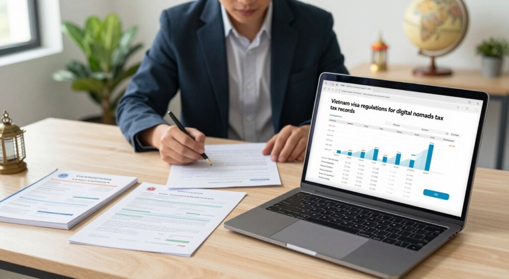 A well-organized desk scene depicting the concept of "Vietnam visa regulations for digital nomads tax records." In the foreground, a laptop displays an open document with tax graphs and financial data. To the left, there are official Vietnamese visa forms neatly arranged alongside a travel guidebook about Vietnam for digital nomads. In the middle ground, a professional-looking individual, dressed in smart casual attire, is analyzing the documents with a focused expression. The background features a soft-focus view of a modern, minimalist office space with indoor plants, a globe, and a subtle hint of Vietnamese culture, like a small traditional lantern. Natural light streams in through a window, creating a warm and inviting atmosphere that conveys a sense of professionalism and exploration.