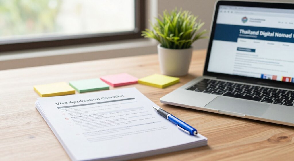 A well-organized desk scene showcasing a Thailand visa application documents checklist in a professional setting. In the foreground, a wooden desk with neatly stacked papers labeled "Visa Application Checklist," a blue pen, and an open laptop displaying a webpage about the Thailand Digital Nomad Visa. In the middle, an array of colorful sticky notes outlining key steps in the application process, alongside a small potted plant for a touch of greenery. In the background, a softly blurred window allowing natural light to flood the room, creating a bright and inviting atmosphere. The overall mood is focused and professional, emphasizing clarity and preparation in the visa application journey. The composition should evoke a sense of organization and readiness for the application process.