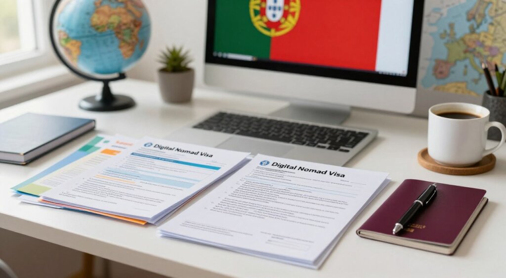 A well-organized desk scene showcasing various eligibility documents for the Digital Nomad Visa in Portugal. In the foreground, highlight a neatly stacked pile of colorful documents, including visa application forms, proof of income statements, and a passport. A sophisticated pen rests beside them. In the middle ground, display a computer screen with a clear view of a Portuguese flag wallpaper, symbolizing the destination. The background features soft-focus elements like a globe, a map of Portugal, and a coffee mug. Soft, natural lighting streams in from a nearby window, creating an inviting atmosphere. Capture this scene from a slightly elevated angle to provide depth and perspective, evoking a sense of professionalism and readiness for travel.