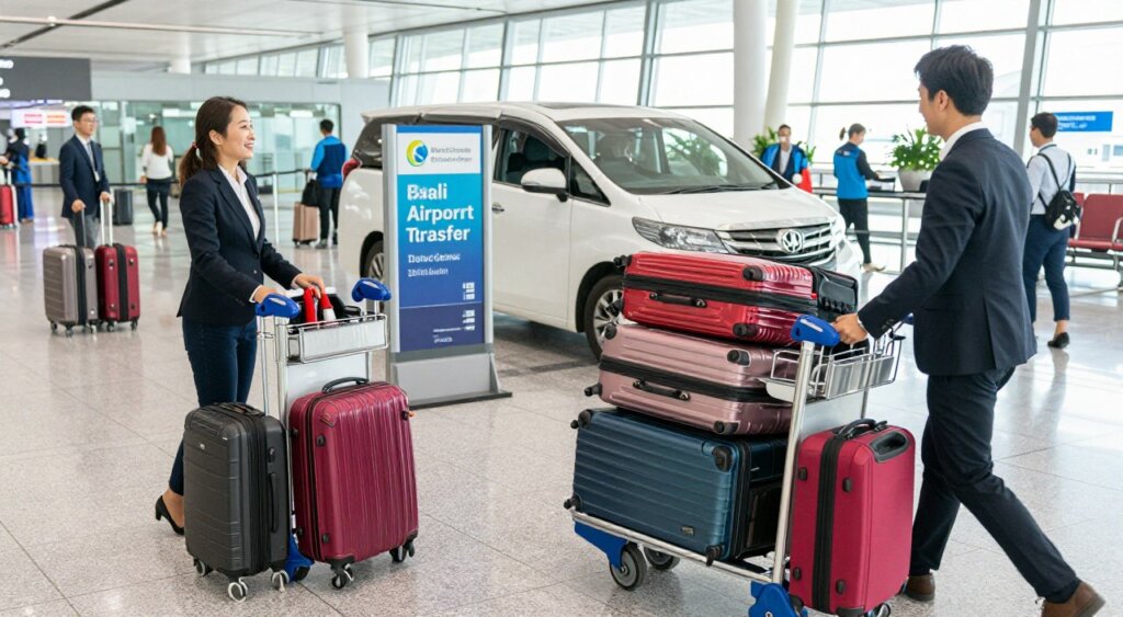 A well-organized luggage management scene at an airport arrival terminal, showcasing travelers in professional business attire balancing multiple suitcases with ease. In the foreground, a traveler is using a luggage cart loaded with colorful suitcase varieties, including hard-shell and soft-shell cases, demonstrating effective packing techniques. The middle ground features a sign for a Bali airport transfer service, with a friendly driver waiting beside a minivan. The background reveals the bustling airport terminal with travelers and airport staff engaged in various activities, under bright natural lighting pouring in through glass windows. The atmosphere is vibrant yet orderly, reflecting a smooth arrival experience. The photo should have a slightly elevated angle, capturing the dynamic movement of people while focusing on luggage management.