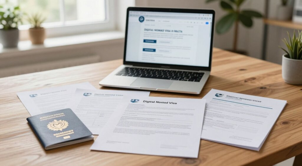 A well-organized set of eligibility documents for the Digital Nomad Visa in Malta, displayed on a wooden table. In the foreground, focus on a neatly arranged collection of official papers including a passport, bank statements, work contracts, and health insurance letters, all featuring clear, legible details. In the middle ground, include a laptop open with a webpage showing information about applying for the visa. In the background, soft natural light filters through a nearby window, creating a warm and inviting atmosphere. The setting is a stylish home office, with potted plants and minimalist decor, evoking a sense of professionalism and practicality. The composition should invoke seriousness and purpose, embodying the essence of the visa application process.