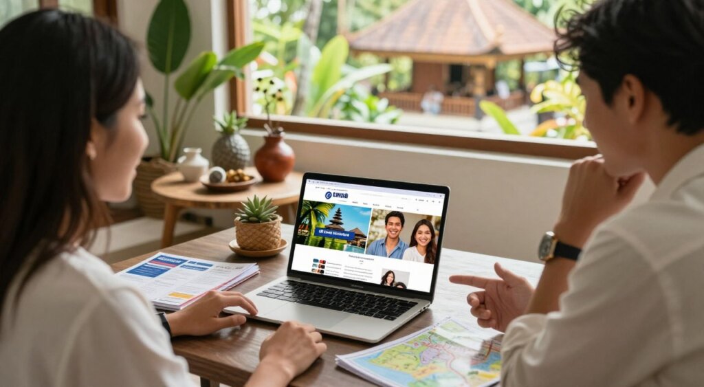 A well-organized travel scene depicting a couple researching affordable dental care options in Bali. In the foreground, a laptop displays a dental website with vibrant images of Bali and smiling patients. The couple, dressed in smart casual attire, are engaged in conversation, with travel brochures and a map scattered around. In the middle, a cozy table set up with tropical plants and decorative items, enhancing the atmosphere. The background features a sunlit window showcasing a glimpse of Bali's lush greenery and traditional architecture, creating a warm and inviting mood. The lighting is soft and natural, reminiscent of a sunny afternoon, while the angle captures the scene from a slightly elevated perspective, evoking an adventurous spirit of planning.