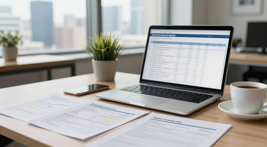 A well-organized workspace featuring a laptop open to a financial spreadsheet, surrounded by professional documents exemplifying the financial requirements for a Digital Nomad Visa. In the foreground, there is a set of financial reports and an international bank statement, with a coffee cup beside them, suggesting a productive atmosphere. In the middle ground, a modern office desk with a plant provides a warm touch, and in the background, a large window reveals a bright cityscape with skyscrapers under a clear sky. The lighting is soft and natural, illuminating the scene. The overall mood is focused and professional, emphasizing the importance of financial planning for aspiring digital nomads. Capture this scene with a shallow depth of field to draw attention to the foreground details.