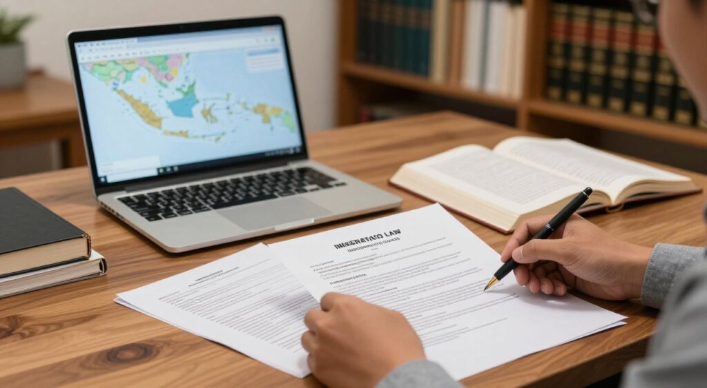 A well-organized workspace featuring a large wooden desk covered with documents detailing Indonesian immigration laws and visa amnesty programs. In the foreground, a pair of hands, clad in professional attire, are seen reviewing official papers under soft, warm lighting. The middle ground includes a laptop screen displaying a digital map of Indonesia and an open book on immigration law. In the background, shelves lined with government publications and legal books create an atmosphere of authority and professionalism. The scene is captured with a shallow depth of field, giving a focus on the hands and documents while softly blurring the background. The mood is serious and informative, conveying the importance of accessing official information on immigration laws in Indonesia.