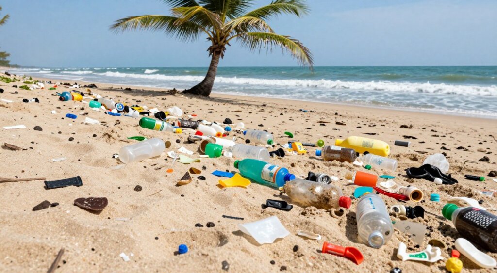 A wide-angle view of Kuta Beach, showcasing a scene cluttered with various types of plastic waste, including bottles, bags, and wrappers, scattered across the sandy shore. In the foreground, focus on colorful plastic debris partially buried in the sand, with a few pieces glistening in the sunlight. In the middle ground, a solitary palm tree leans slightly, providing a tropical backdrop. The ocean sits in the background, with gentle waves lapping at the shore, contrasting the pollution. The lighting is bright and natural, capturing the harsh realities of environmental degradation. The mood is somber yet hopeful, encouraging awareness of the impact of trash on this beautiful destination. The shot is taken from a slightly elevated angle, giving a comprehensive view of the waste problem.