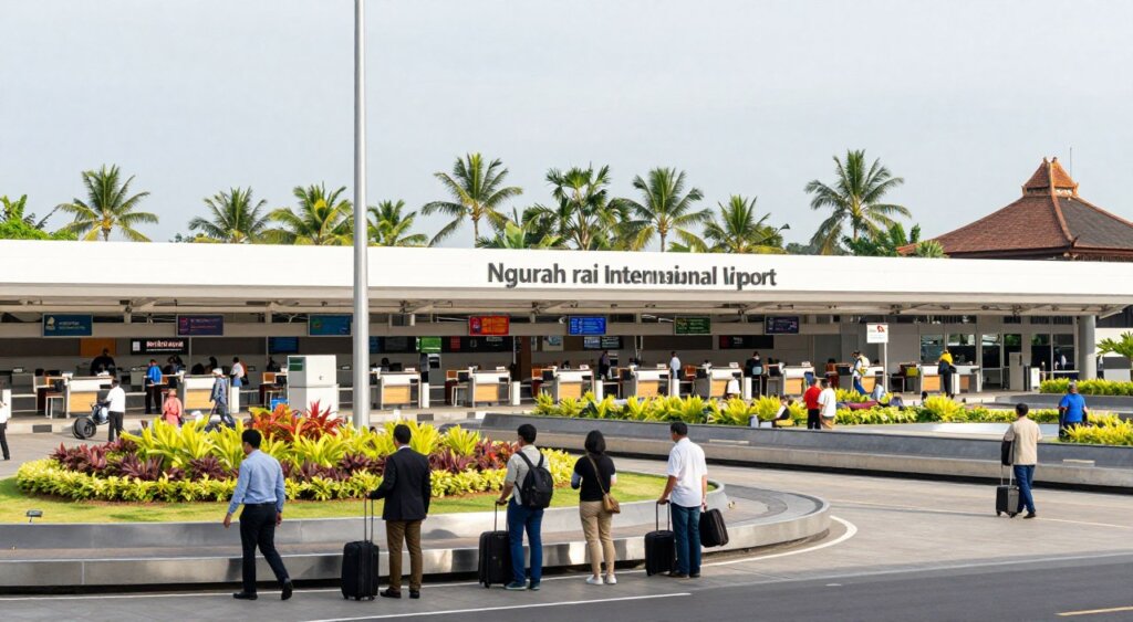 A wide-angle view of Ngurah Rai International Airport in Bali during a sunny day, showcasing the modern architecture and vibrant landscaping. In the foreground, a few travelers in professional business attire and modest casual clothing are seen retrieving their luggage at the baggage claim area. The middle ground features the spacious check-in counters and the bustling arrival hall filled with people, and various airlines' signage subtly displayed. The background displays the outdoor arrival area with tropical trees swaying gently and a glimpse of the traditional Balinese design elements integrated into the airport structure. Soft, natural lighting illuminates the scene, creating a welcoming and lively atmosphere. The photo captures the essence of a busy international airport while highlighting the tropical surroundings, suitable for those arriving in Bali.