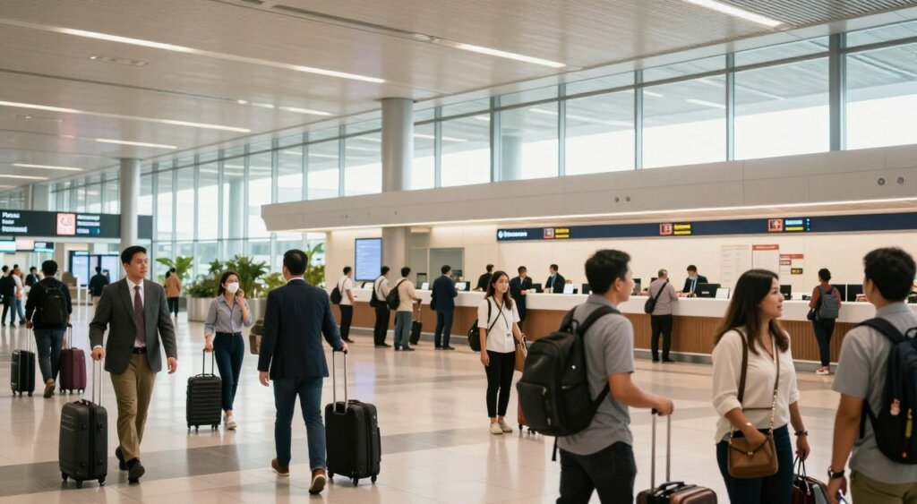 A wide-angle view of the Ngurah Rai International Airport arrivals hall, capturing the vibrant atmosphere of travelers arriving in Bali. In the foreground, a diverse group of people in professional business attire and modest casual clothing are seen collecting their luggage and greeting family or friends. The middle section reveals the sleek, modern design of the airport with high ceilings, large glass windows allowing natural light to flood in, and an information desk staffed by attentive personnel. The background showcases the arrivals display board with flight information. The overall mood is dynamic and welcoming, emphasizing the excitement of travel. Use soft, warm lighting to create an inviting ambiance and a shallow depth of field to focus on the travelers while softly blurring the surroundings.