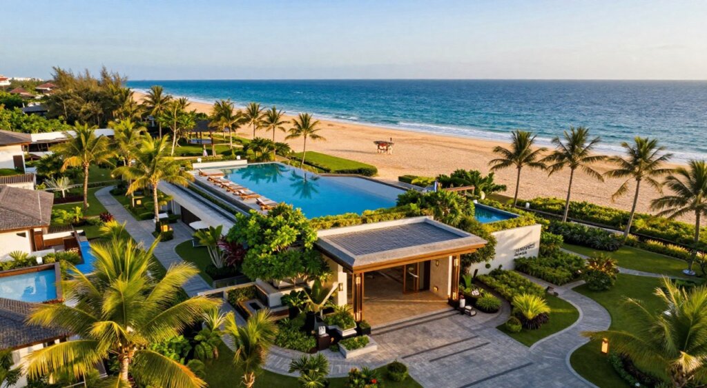 Aerial overview of the beachfront resort, The Bene Kuta, showcasing its contemporary architecture surrounded by lush tropical gardens. In the foreground, vibrant greenery and manicured pathways lead to the entrance, adorned with elegant lighting. The middle ground features the resort’s stylish swimming pool reflecting the clear blue sky, with sun loungers along its edge. In the background, the expansive golden sands of Kuta Beach stretch towards the azure ocean, where gentle waves create a serene atmosphere. The image captures the warm, inviting glow of late afternoon sun, enhancing the resort's inviting ambiance. The overall mood is tranquil and tropical, embodying the essence of a luxury getaway. Shot with a wide-angle lens to encompass the entire vista, ensuring clarity and detail throughout.