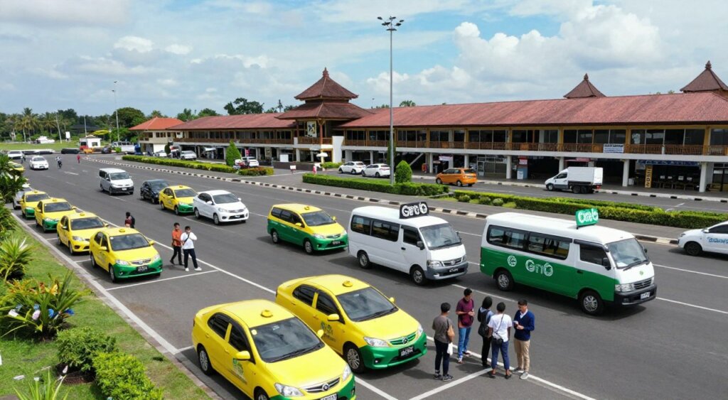 Aerial view of Bali's Ngurah Rai International Airport showcasing various transportation options available to travelers. In the foreground, a bustling taxi stand with bright yellow taxis waiting, and nearby, a group of travelers discussing transport options in casual, modest clothing. The middle ground features a mix of Grab vehicles, shuttle buses, and private drivers holding signs, set against the backdrop of the airport terminal with its distinctive Balinese architecture. The background includes lush greenery surrounding the airport, with clear blue skies and subtle clouds. The scene captures the vibrancy and energy of Bali's airport, illuminated by soft, natural sunlight, conveying a welcoming and dynamic atmosphere, ideally framed to highlight the variety of transportation choices.