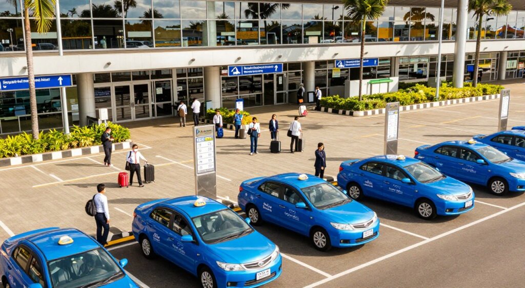 Aerial view of Ngurah Rai International Airport fare zones in Bali, showcasing clearly marked taxi pick-up areas and fare charts. In the foreground, a busy taxi stand with bright blue Blue Bird taxis waiting, drivers in professional business attire assisting passengers. In the middle ground, travelers with luggage navigating the organized fare zones, some checking their phones or consulting signage. In the background, the airport terminal with modern architecture and palm trees reflecting the tropical setting. The scene is bathed in warm, natural lighting typical of a sunny Bali day, creating a vibrant, lively atmosphere. Capture the essence of efficient transportation options at this bustling international airport, focusing on clarity and detail in the layout.