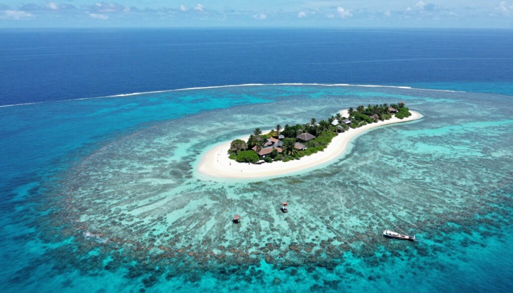 Aerial view of Nusa Lembongan island showing clear waters and beaches