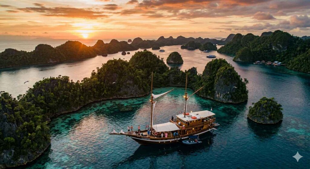 Aerial view of Raja Ampat Islands at sunset with liveaboard vessel in foreground