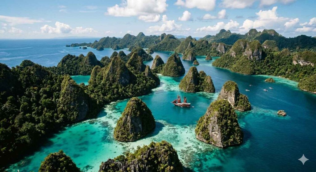 Aerial view of Raja Ampat Islands limestone karst formations and turquoise water West Papua Indonesia