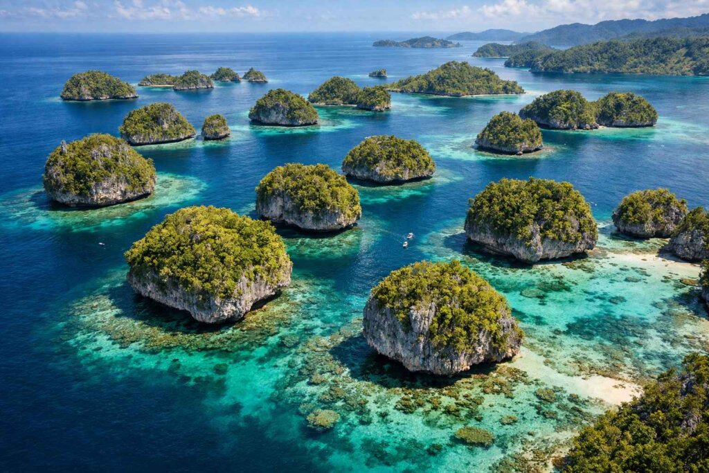 Aerial view of mushroom-shaped limestone islands surrounded by turquoise sea in Raja Ampat