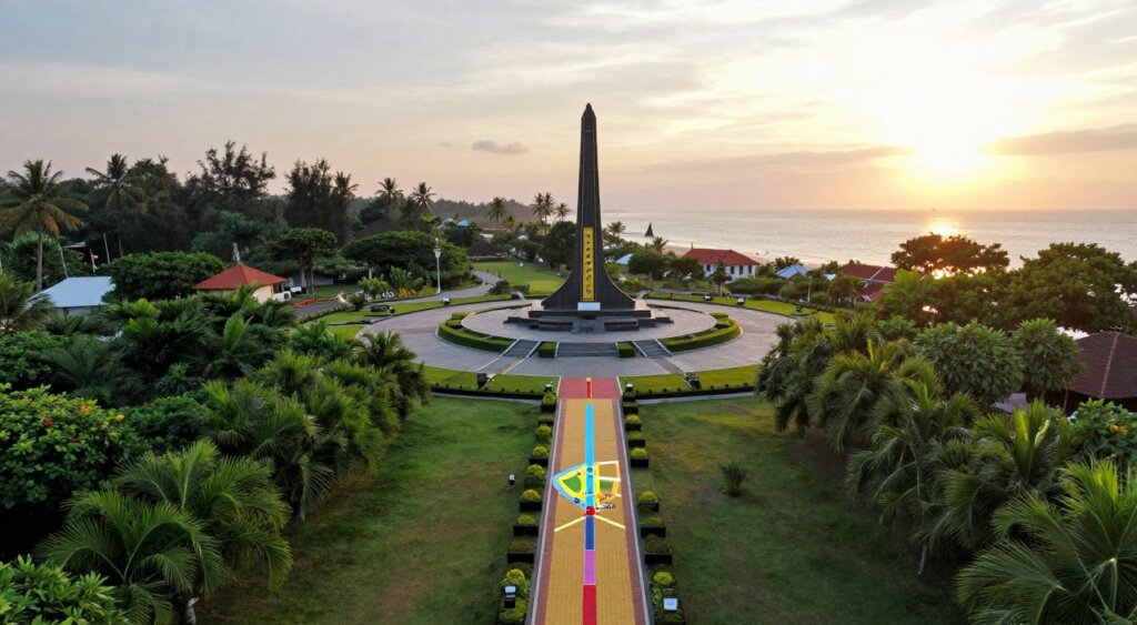 Aerial view of the Kuta Bombing Memorial in Bali, Indonesia, featuring a detailed location map that highlights access points and nearby landmarks. In the foreground, include a vibrant, well-marked pathway leading to the memorial, with lush greenery on either side. The middle ground should display the memorial's structure, showcasing its distinctive design and serene atmosphere. In the background, capture a glimpse of Kuta Beach, with soft, natural lighting enhancing the peaceful surroundings. A warm sunset casts golden hues, giving the scene a reflective mood, while ensuring no people are present in the image. The perspective is an elevated angle, emphasizing the layout of the memorial and its accessibility to visitors.