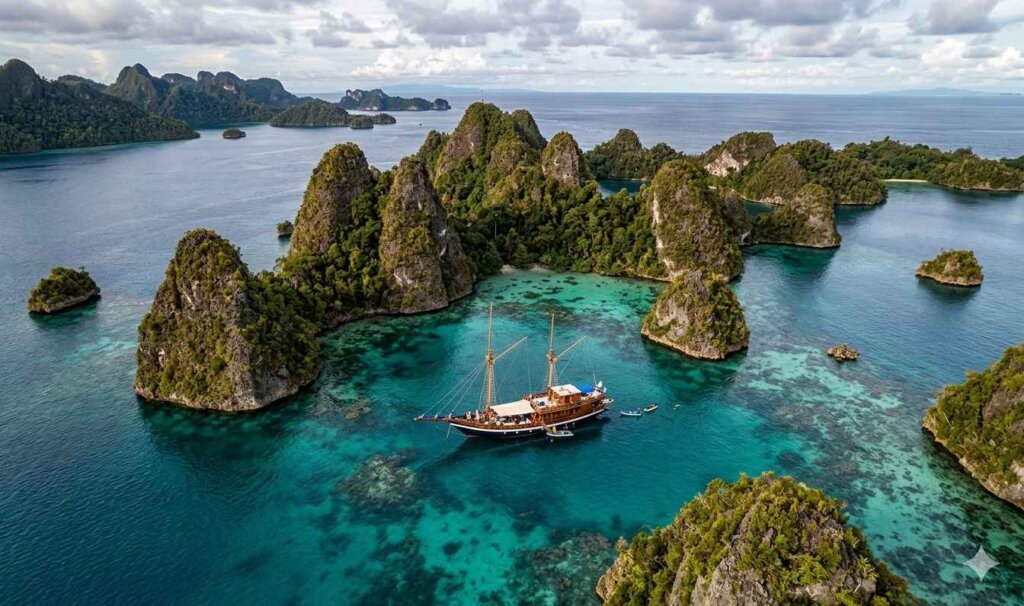 Aerial view of traditional Pinisi liveaboard sailboat anchored among limestone karst islands in Raja Ampat, Indonesia