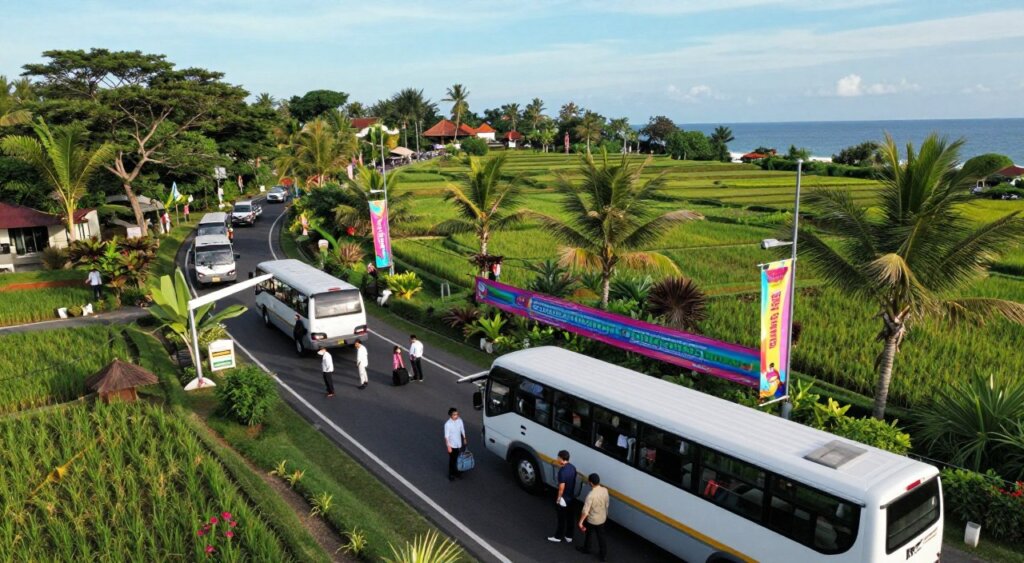 Aerial view showcasing a bustling transfer scene from Bali Airport to Canggu, capturing a vibrant landscape. In the foreground, a well-organized shuttle bus with travelers in professional business attire and modest casual clothing, loading luggage. The middle ground features a winding road with lush tropical trees and colorful banners welcoming visitors, while the iconic rice paddies of Canggu stretch in the background, merging with the coastline under a clear blue sky. Soft, warm lighting highlights the lush greenery, creating an inviting atmosphere. Use a wide-angle lens to emphasize the scale of the scene, reflecting the contrast between the airport and the serene beach destination.
