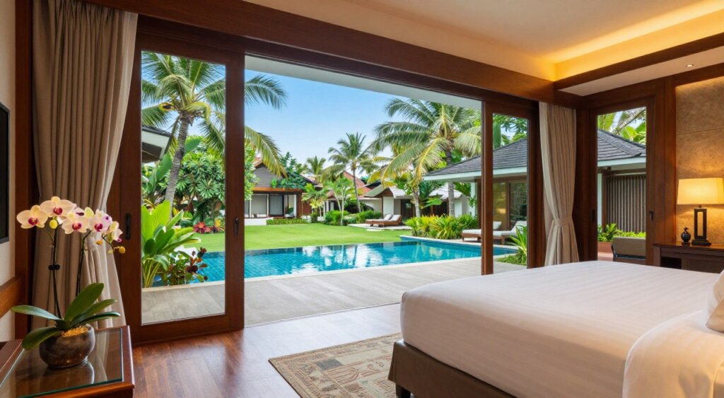 Amnaya Resort Kuta accommodation scene, featuring a luxurious modern room with elegant wooden furnishings and a plush king-sized bed. The foreground includes delicate orchids on a glass nightstand, soft ambient lighting creating a warm atmosphere. In the middle, large floor-to-ceiling windows reveal a stunning view of the resort's lush tropical gardens and a serene swimming pool. The background showcases palm trees swaying gently in the breeze under a clear blue sky. The mood is tranquil and inviting, ideal for relaxation. Capture this scene with a wide-angle lens to emphasize the spaciousness, using soft natural light to enhance the vibrant colors and textures, reflecting a perfect getaway ambiance. Amnaya Resort Kuta accommodation scene, featuring a luxurious modern room with elegant wooden furnishings and a plush king-sized bed. The foreground includes delicate orchids on a glass nightstand, soft ambient lighting creating a warm atmosphere. In the middle, large floor-to-ceiling windows reveal a stunning view of the resort's lush tropical gardens and a serene swimming pool. The background showcases palm trees swaying gently in the breeze under a clear blue sky. The mood is tranquil and inviting, ideal for relaxation. Capture this scene with a wide-angle lens to emphasize the spaciousness, using soft natural light to enhance the vibrant colors and textures, reflecting a perfect getaway ambiance.