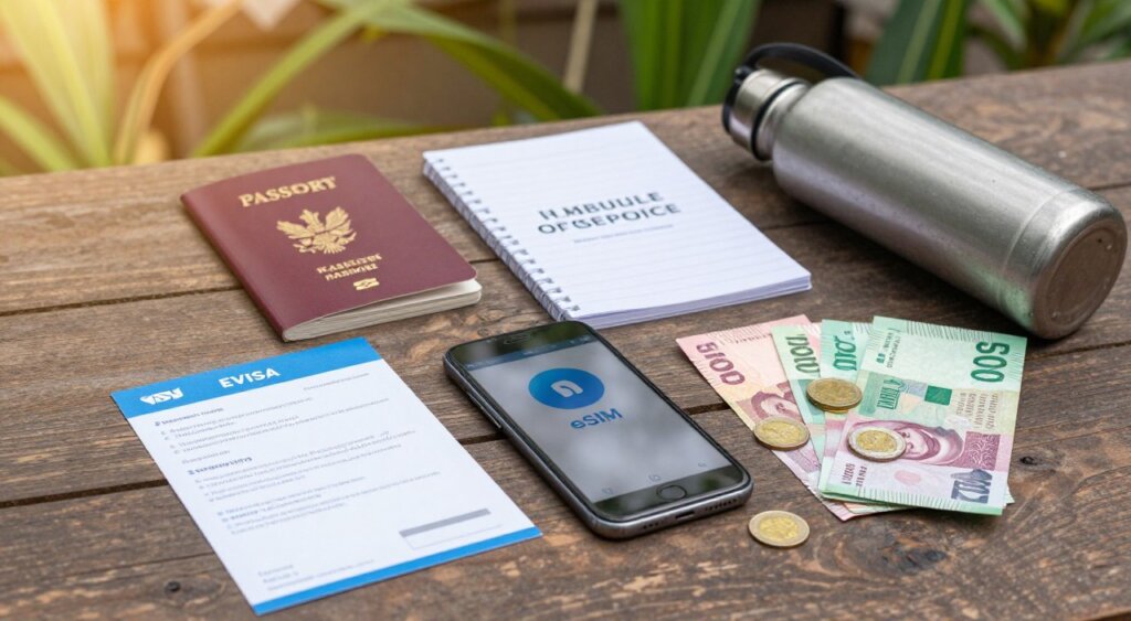 An artistic flat lay composition showcasing Bali travel essentials arranged aesthetically on a textured wooden surface. In the foreground, feature an eVisa document next to a smartphone displaying an eSIM app, surrounded by an assortment of Indonesian currency notes and coins. In the middle, include travel accessories like a passport, a lightweight travel guide, and a reusable water bottle. In the background, subtly blend in tropical foliage, hinting at Bali's lush environment. The lighting is warm and natural, simulating the soft morning light, capturing a sense of anticipation and adventure. The mood is inviting and organized, while maintaining a professional, polished photojournalism style, ideal for a travel blog.