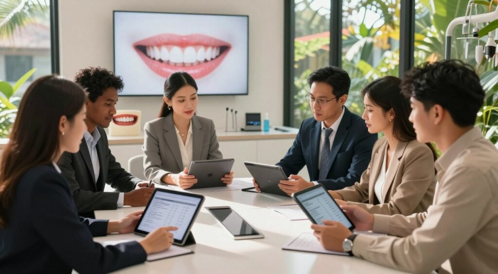 An elegant, detailed image depicting a professional consultation scenario about Bali veneers costs. In the foreground, a diverse group of people in professional attire seated at a sleek conference table, analyzing cost breakdowns on digital tablets and papers. In the middle ground, a modern dental clinic backdrop showcases high-quality veneers and dental tools, emphasizing professionalism and care. The background features large windows with a view of lush Balinese scenery, subtly infusing the image with an inviting, tropical atmosphere. Natural light streams in, casting soft shadows and enhancing the warm color palette. The overall mood conveys a sense of informed decision-making and financial clarity, highlighting the importance of budgeting for Bali veneers.