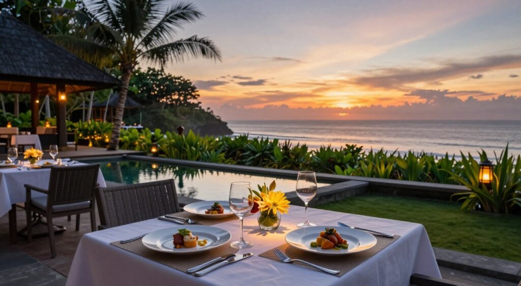 An elegant outdoor dining setting at Ramayana Resort & Spa Kuta, Bali, featuring a beautifully arranged table for two on a lush tropical terrace. In the foreground, the table is adorned with fine dining utensils, a fresh floral centerpiece, and intricately plated gourmet dishes. In the middle ground, lush greenery and a tranquil water feature reflect the serene atmosphere, with soft ambient lighting creating a romantic glow. The background reveals a stunning sunset over the ocean, casting warm hues across the sky. The mood is serene and inviting, perfect for an intimate dining experience. Use a wide-angle lens to capture the expansive view, ensuring the details of the table setting and nature are sharp and vibrant, reminiscent of National Geographic photojournalism. An elegant outdoor dining setting at Ramayana Resort & Spa Kuta, Bali, featuring a beautifully arranged table for two on a lush tropical terrace. In the foreground, the table is adorned with fine dining utensils, a fresh floral centerpiece, and intricately plated gourmet dishes. In the middle ground, lush greenery and a tranquil water feature reflect the serene atmosphere, with soft ambient lighting creating a romantic glow. The background reveals a stunning sunset over the ocean, casting warm hues across the sky. The mood is serene and inviting, perfect for an intimate dining experience. Use a wide-angle lens to capture the expansive view, ensuring the details of the table setting and nature are sharp and vibrant, reminiscent of National Geographic photojournalism.
