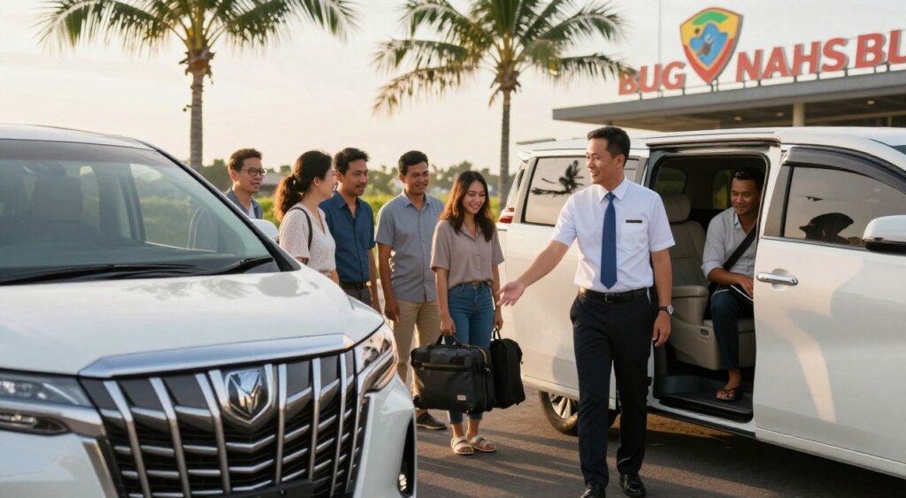 An elegant scene showcasing a pre-booked private transfer service at Bali's Ngurah Rai International Airport. In the foreground, a professional driver in formal attire stands next to a luxury vehicle, ready to assist a group of travelers with their luggage. The middle ground features the travelers, dressed in modest casual clothing, smiling as they prepare to embark on their journey. In the background, palm trees and airport signage create an authentic Bali atmosphere, with the warm golden glow of late afternoon sun casting soft shadows. The image captures a sense of comfort and convenience, evoking a mood of relaxation and anticipation. Shot with a shallow depth of field, emphasizing the vibrant colors and textures while keeping the focus on the interaction between the driver and passengers.