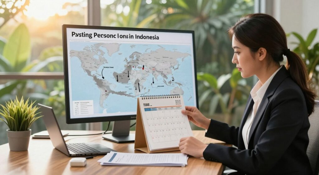 An elegant, well-organized workspace depicting the criteria for determining tax residency in Indonesia, focusing on the physical presence test. In the foreground, a professional woman in business attire is examining a detailed calendar and immigration documents at a sleek wooden desk. The middle ground features a world map highlighting Indonesia with arrows showing travel routes, symbolizing international presence. The background reveals a large window with lush tropical greenery outside, suggesting the Indonesian environment, under warm golden sunlight filtering in. The scene has a calm yet focused atmosphere, resembling a National Geographic editorial photo, emphasizing the importance of understanding tax residency rules through visual storytelling.