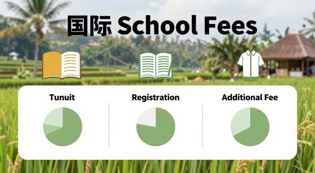 An infographic style image depicting a breakdown of international school fees in Bali, designed for a professional article. In the foreground, visually striking charts illustrating tuition, registration, and additional fees, with clear labels but no text. The middle layer includes icons representing different fee categories, like books and uniforms, artistically arranged. The background features a subtle artistic rendering of a beautiful Balinese landscape, maybe rice terraces or traditional architecture, softly blurred to ensure focus on the charts. The lighting is bright and inviting, capturing the tropical essence of Bali. The mood is informative yet approachable, suggesting a sense of clarity and ease in understanding financial considerations for international education.