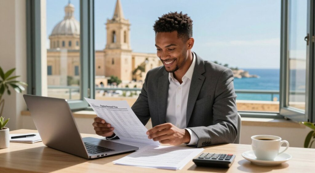 An informative and professional photograph depicting the concept of costs associated with the Digital Nomad Visa in Malta. In the foreground, a neatly arranged desk with a laptop, financial documents, and a calculator, placed next to a coffee cup and a beautiful view of the Mediterranean Sea through an open window. The middle layer showcases a soft-focus image of a friendly, diverse individual in business attire, thoughtfully reviewing numbers on a spreadsheet while seated at the desk. The background features iconic Maltese architecture, hinting at the vibrant culture and scenic beauty of the islands. Ambient natural light streams in through the window, creating an uplifting and focused atmosphere. The image captures the essence of working remotely in Malta while considering residency expenses, perfect for a professional article.