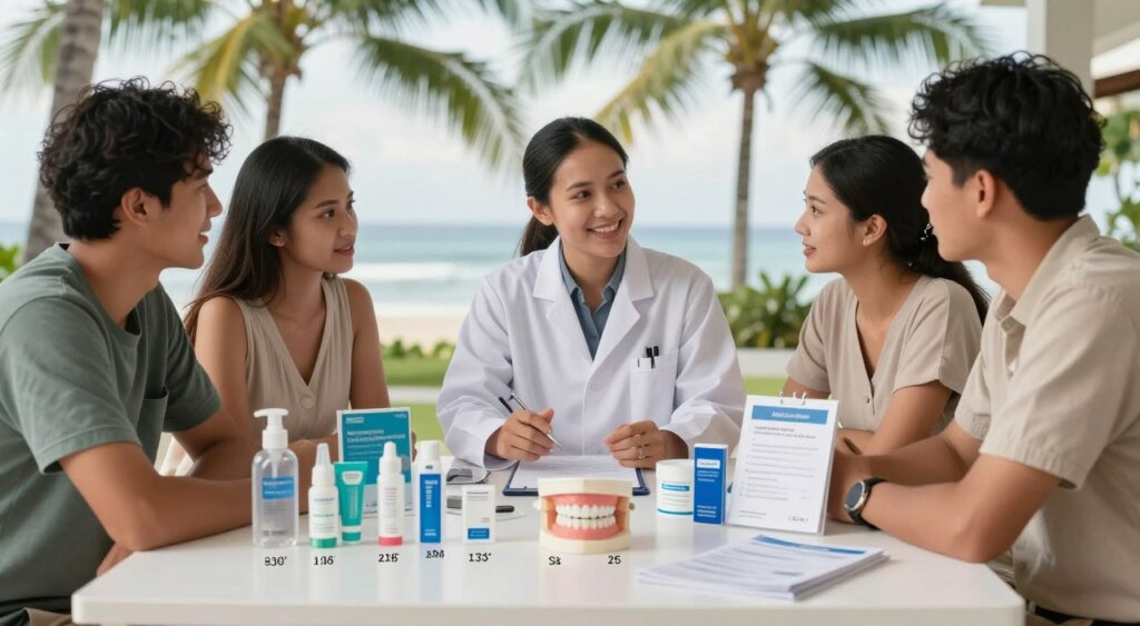 An informative, professional image depicting a comparison of teeth whitening costs in Bali, focusing on affordability. In the foreground, showcase a neatly arranged table with various dental products, such as whitening kits and brochures from local clinics, all labeled with their prices. In the middle, feature a friendly dental professional, dressed in a crisp white coat, explaining the options to a diverse group of two individuals in casual, modest clothing, engaged in conversation. In the background, subtly hint at a vibrant Bali landscape with palm trees and soft beachfront lighting, enhancing the tropical atmosphere. Utilize natural light to create warm tones, aiming for a balanced composition and depth of field that emphasizes the table's details while softly blurring the background for a professional photojournalism quality. The scene should evoke a sense of clarity and trustworthiness in dental care.