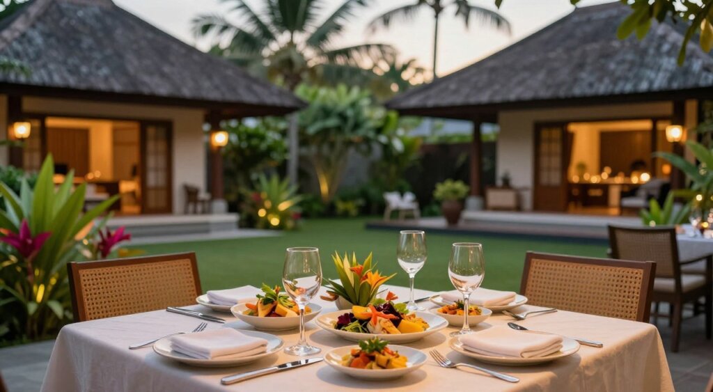 An inviting dining scene at Febris Kuta Bali, showcasing an elegantly set table for two under soft, warm lighting. In the foreground, a beautifully arranged table featuring vibrant, tropical dishes garnished with fresh herbs, surrounded by tasteful cutlery and glassware that reflects the ambient light. The middle includes a gracefully landscaped outdoor dining area with lush greenery and vibrant flowers, subtly blending the natural beauty of Bali. In the background, softly lit villas create a serene atmosphere, with the faint outline of palm trees swaying gently. The overall mood is romantic and tranquil, capturing the essence of a luxurious dining experience in a tropical setting, reminiscent of a high-quality National Geographic photograph.