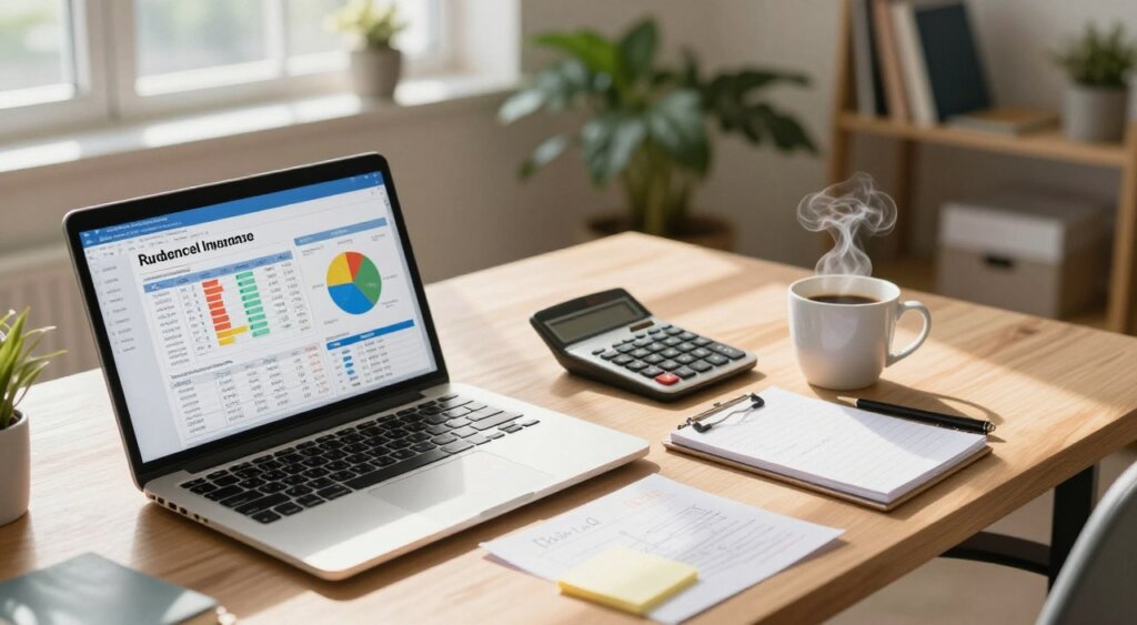 An office desk scene illustrating budgeting for remote work insurance premiums. In the foreground, a laptop open to a spreadsheet with colorful graphs and figures detailing insurance costs. A calculator and a steaming cup of coffee sit beside it, adding to the workspace ambiance. In the middle layer, soft natural light filters in through a window, casting gentle shadows on a few notepads filled with financial notes and ideas. The background features a relaxing home office setup, adorned with indoor plants and a bookshelf, suggesting a comfortable remote work environment. The overall mood is focused yet inviting, capturing a professional atmosphere ideal for discussing insurance affordability. Use a slightly elevated angle to showcase the desk arrangement, creating depth and interest in the composition.
