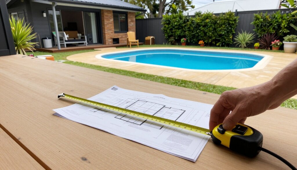 Australian backyard with measuring tape showing space planning for Bali hut