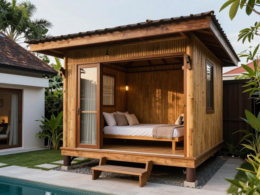 Bali hut with sides and daybed accessories installed in backyard