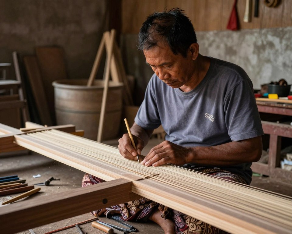 Balinese furniture artisan working in traditional workshop setting