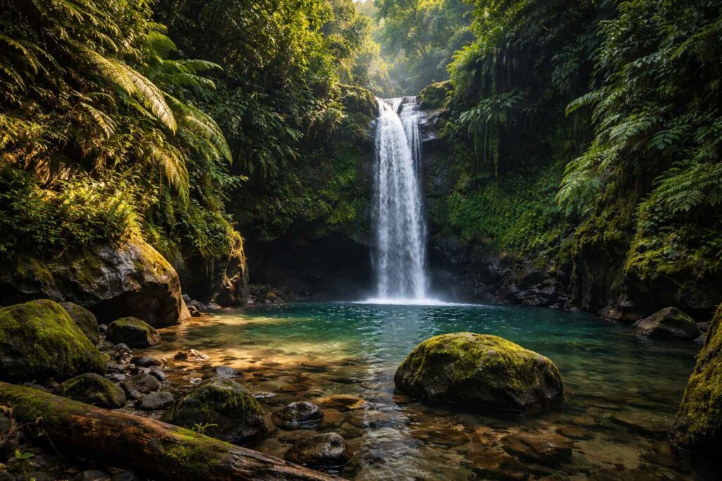 Banyumala Twin Waterfalls Munduk Bali, two waterfalls side by side into mountain pool