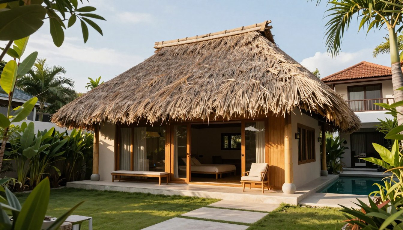 Beautiful Bali hut in Australian backyard with thatched roof and bamboo structure