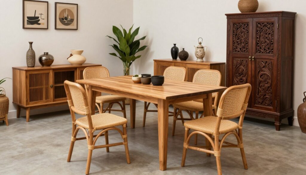 Beautiful collection of finished Bali furniture pieces displayed together