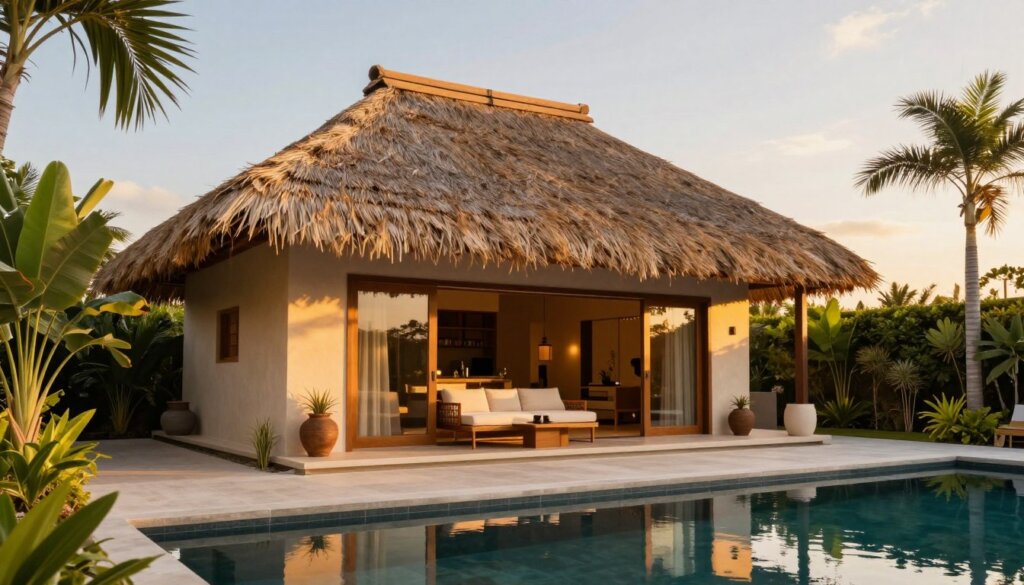 Beautiful completed Bali hut installation in Australian backyard at sunset