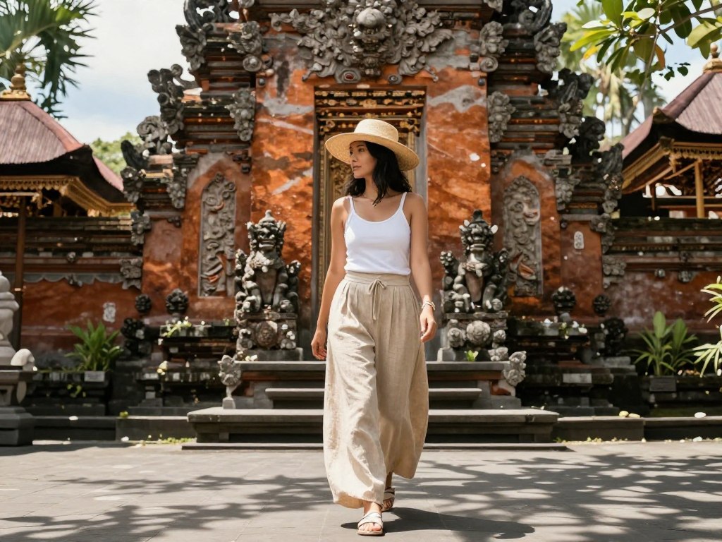 Beige linen pants outfit styled for Bali temple visit