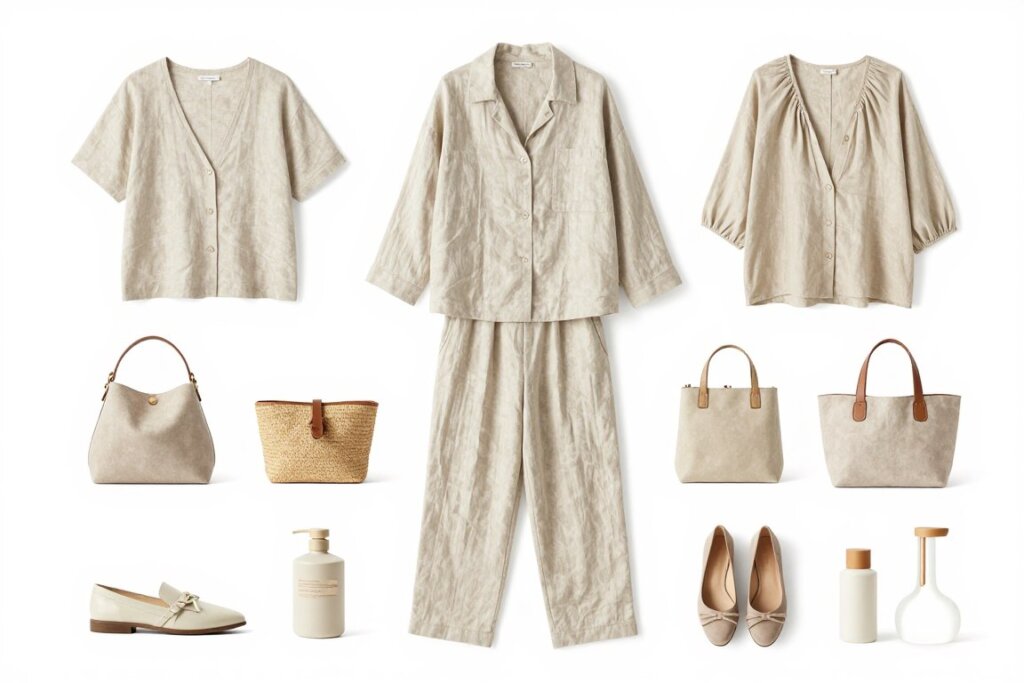 Beige linen set styled multiple ways vacation wardrobe