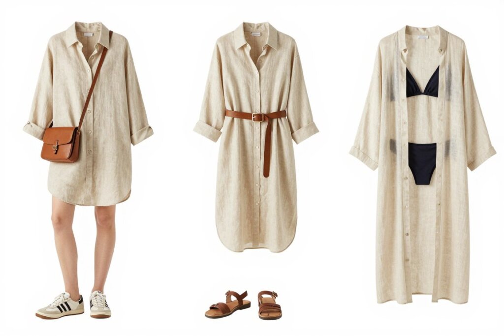 Beige linen shirt dress styled three ways vacation versatility