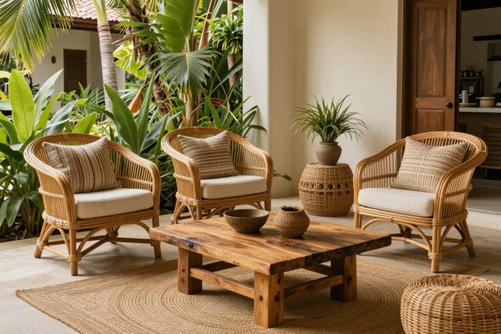 Boho style rattan furniture and teak pieces arranged in tropical resort setting