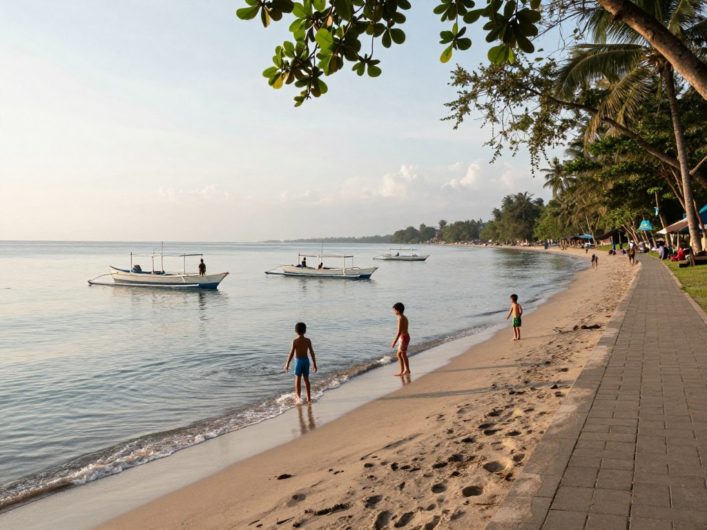 Calm Sanur beach with shallow water perfect for young children playing