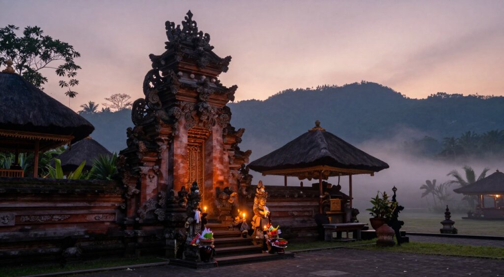 Capture a serene scene of a tranquil Balinese temple at dusk during Siwaratri Day. In the foreground, show elegant stone statues adorned with traditional Balinese offerings and soft candlelight flickering nearby, casting a warm glow. The middle ground features a graceful temple structure with intricate carvings and thatched roofs, partially shrouded in mist. In the background, lush tropical vegetation and silhouette of distant mountains create a peaceful atmosphere. Use soft, ambient lighting to enhance the calm mood, with gentle sunlight fading and the first stars beginning to twinkle in the twilight sky. This scene embodies spiritual reflection and meditation, inviting viewers to imagine the experience at these sacred sites.