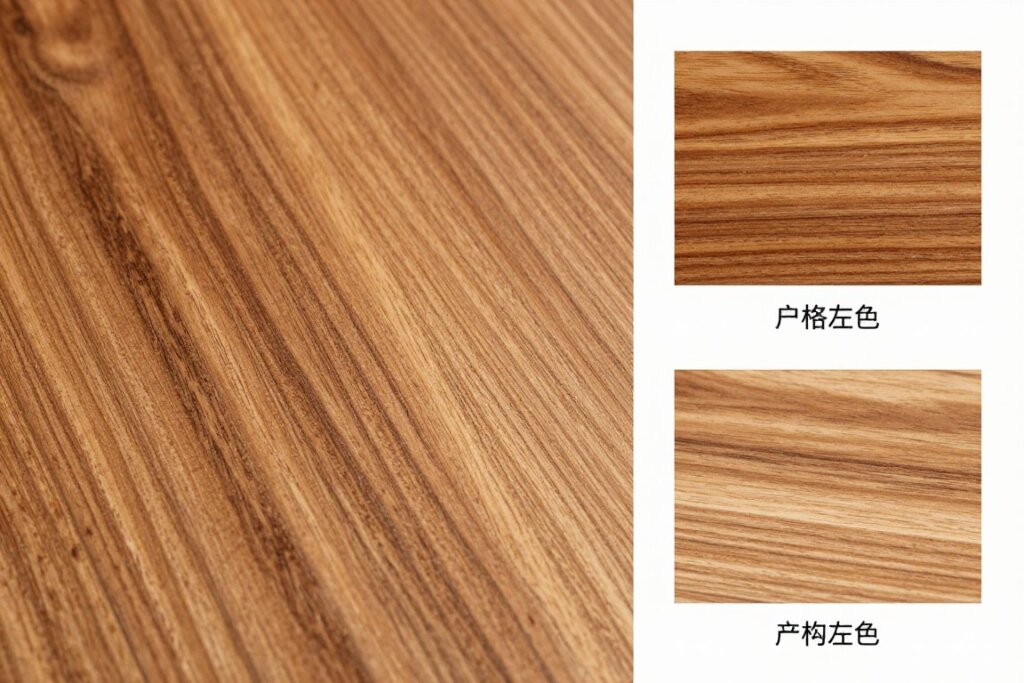 Close-up comparison showing real teak wood grain versus imitation wood