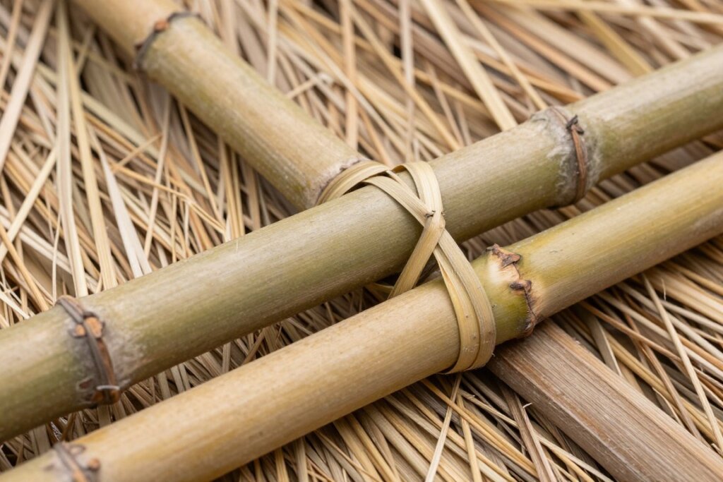 Close-up of Bali hut construction materials showing bamboo and thatch