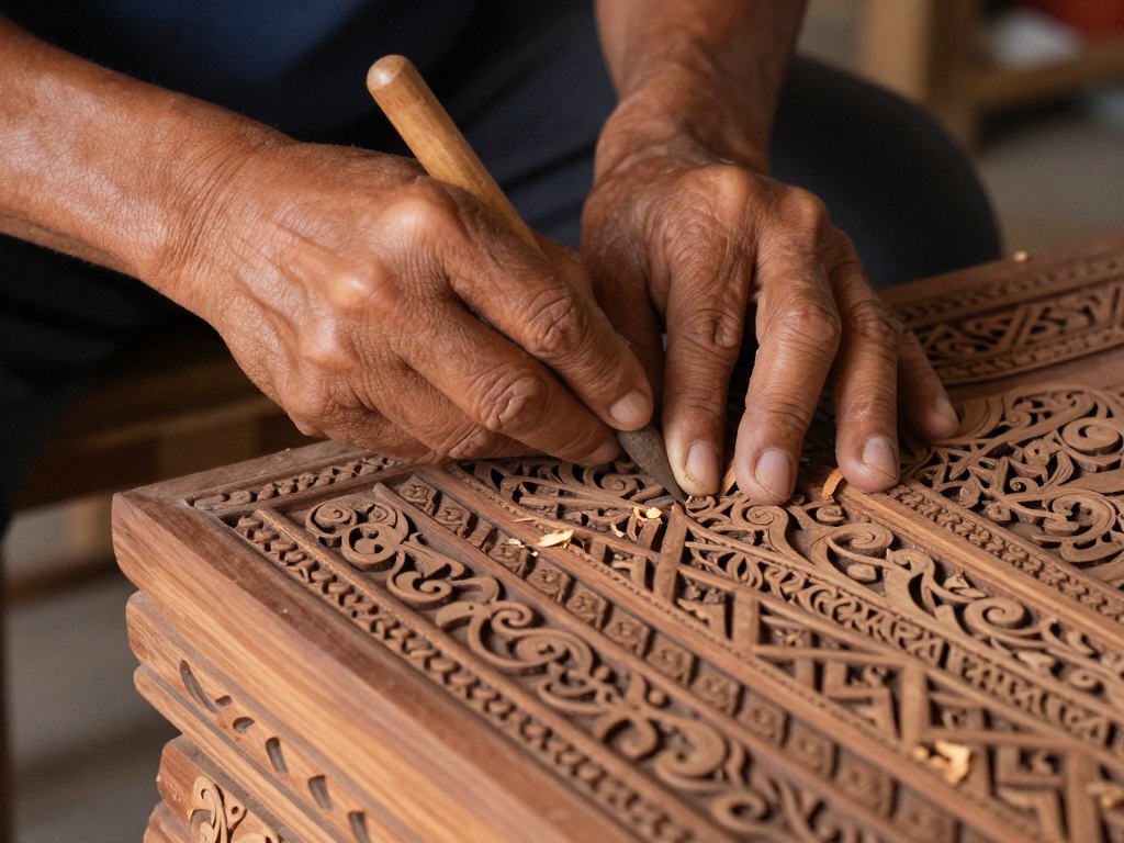 Close-up of skilled Balinese artisan hand-carving intricate details into teak furniture